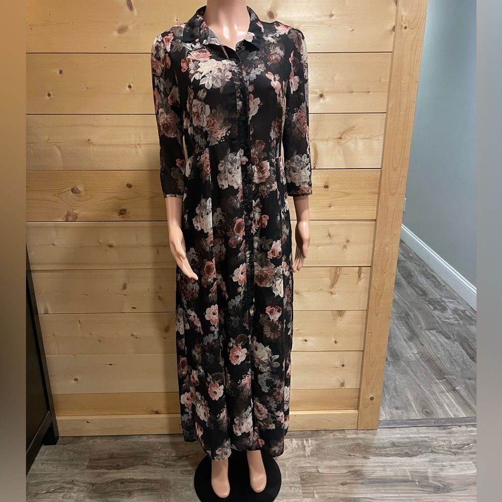 Kut from the Kloth Black Floral Print Shirt Dress